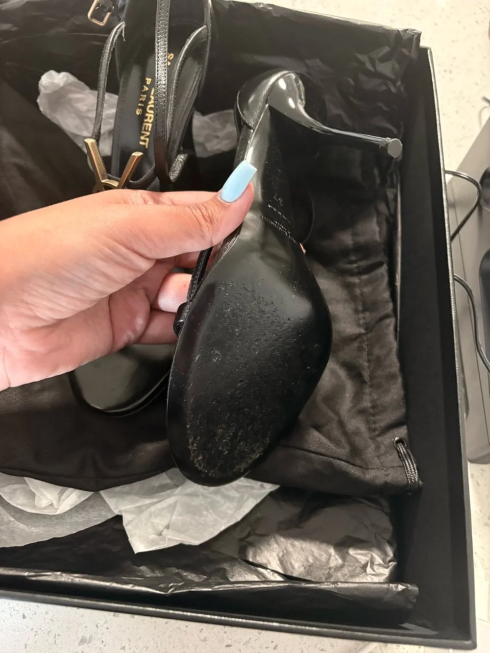 Saint Laurent Black Leather Sandal with Gold YSL Logo - Picture 2 of 7